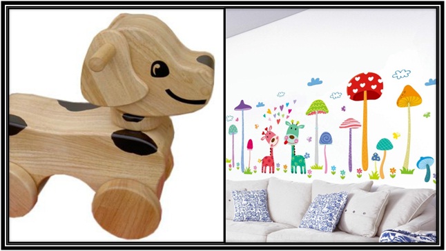 old fashioned wooden toy and painting for kids room